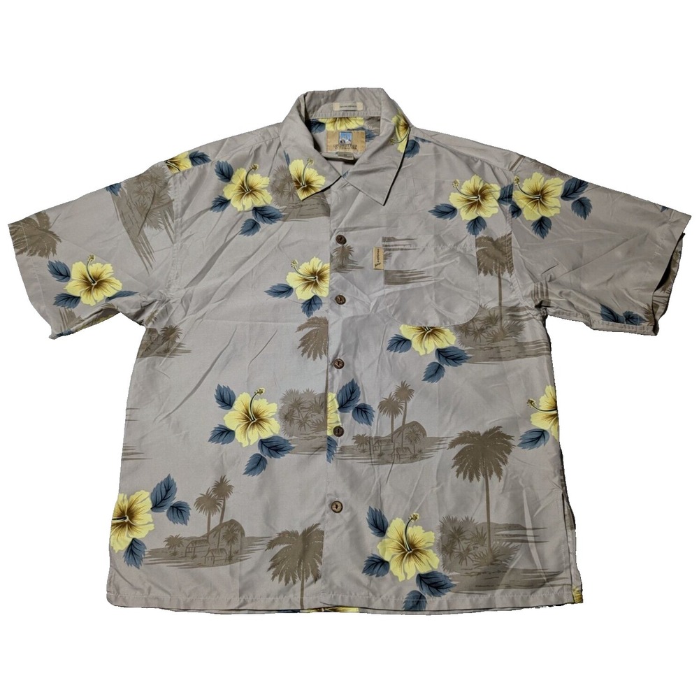 COCONUT PIER TOP IMAGE USA Men Medium Taupe Floral Microfiber Hawaiian Shirt EUC